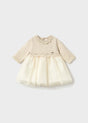 Mayoral newborn baby girl tulle dress in Ivory with long sleeves, layered skirt, and cotton lining.