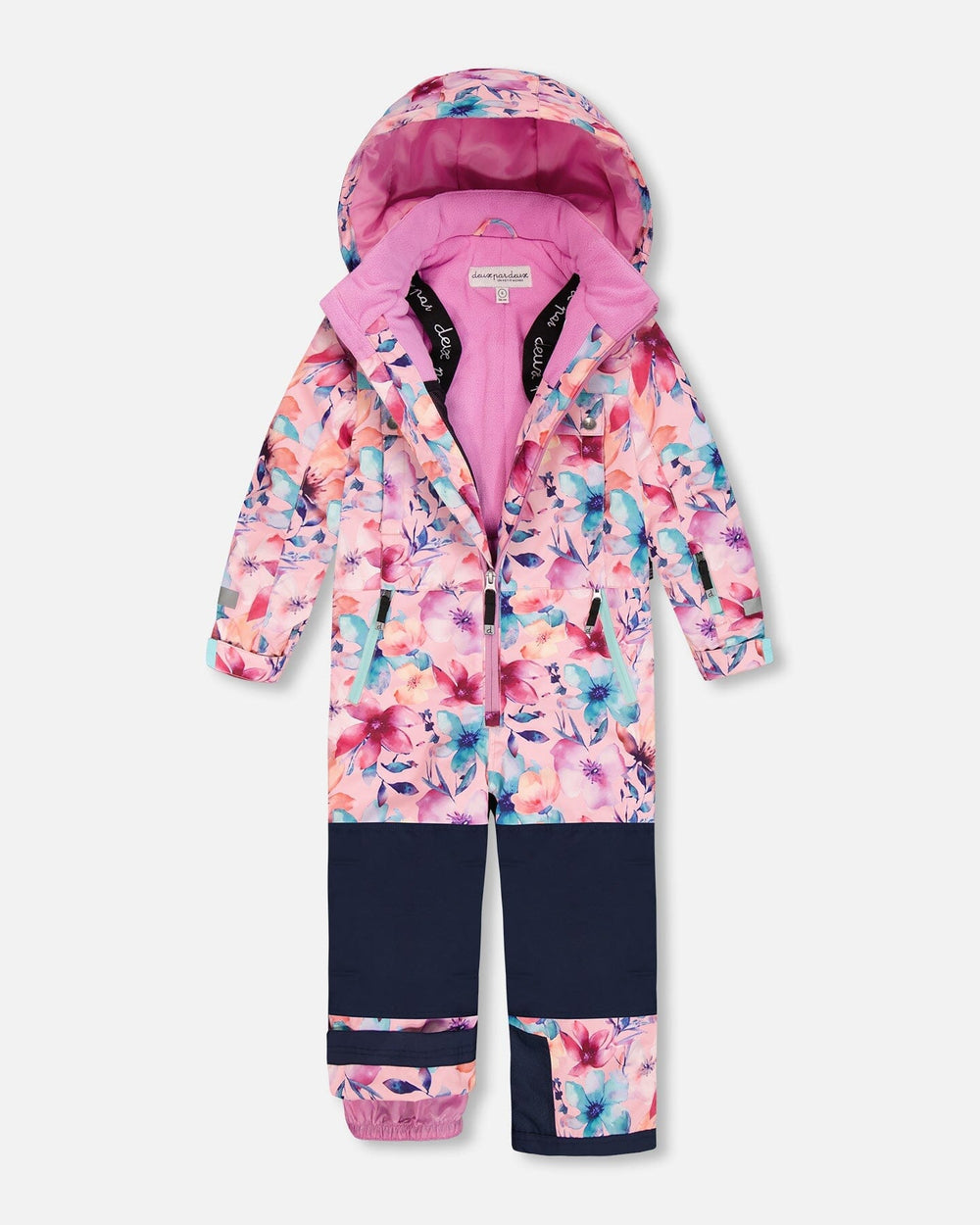 pink watercolor flower one-piece snowsuit showing taped seams and adjustable pant hems