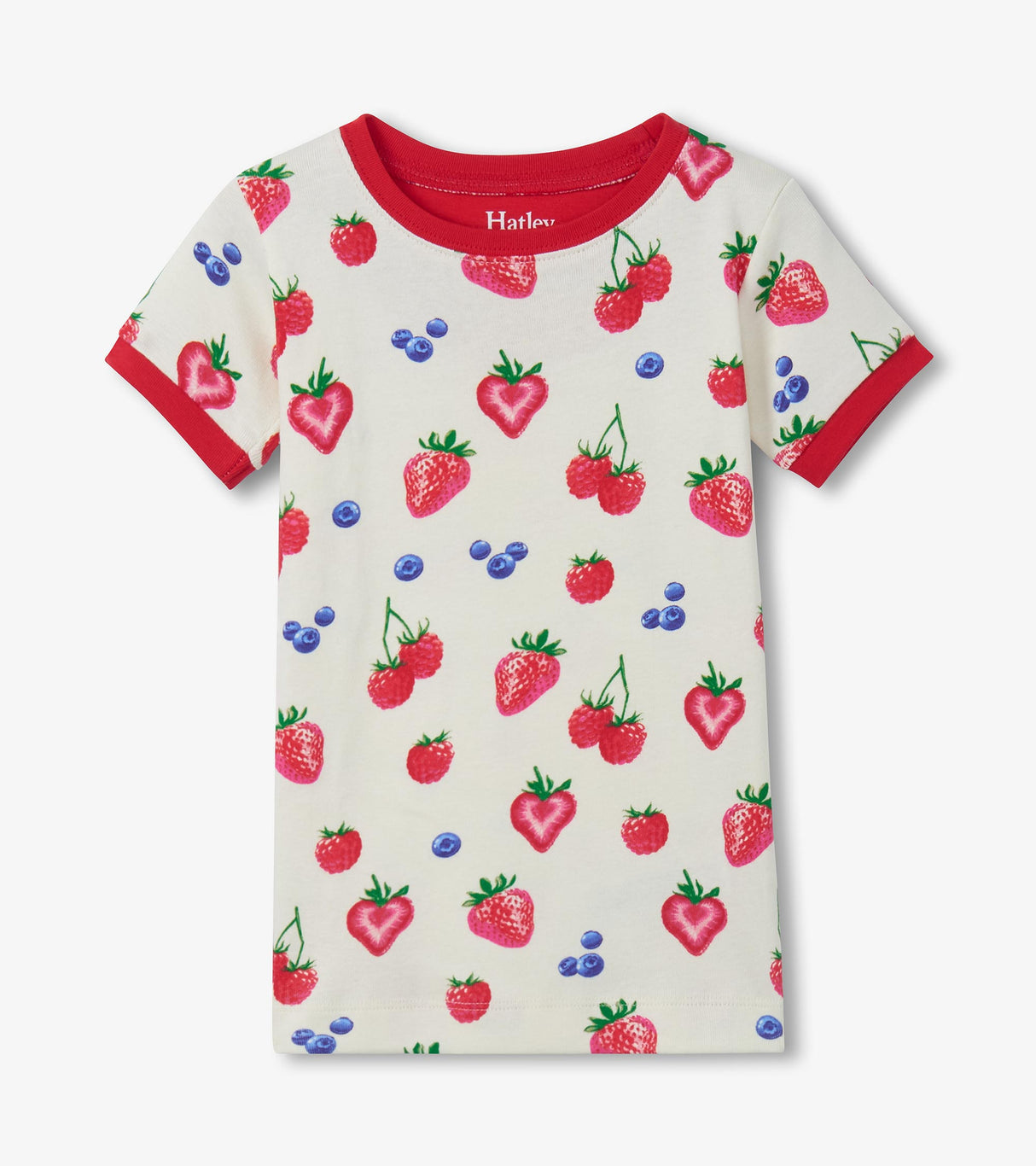 Front view of girls berry-print cotton pajama top with Red trim and short sleeves.