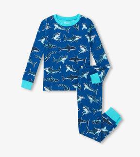 Hatley boys cotton pajama set in Blue/Aqua with Patterned Sharks print, long sleeves, and matching pants.