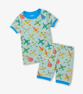 Hatley boys Vintage Aircrafts short pajama set in mint green with bright blue trim