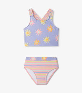 Hatley girls UPF50+ two-piece swimsuit in Lavender with sunshine print top and striped matching bottoms.
