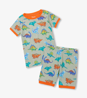 Hatley boys Dino Party cotton short pajama set in sage green with orange trim and matching shorts.