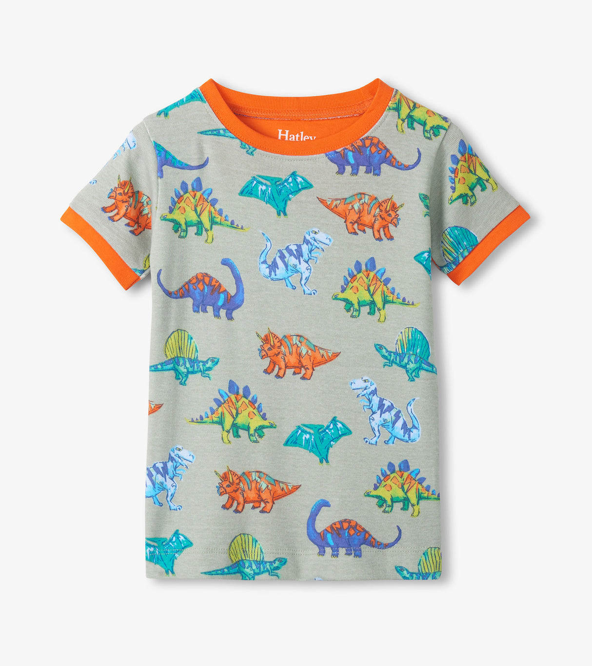 Hatley boys short sleeve dinosaur pajama top with colorful dino print and orange neckline.