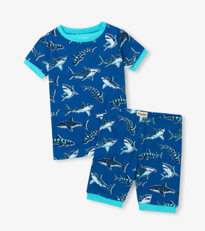 Hatley boys Blue shark cotton short pajama set with aqua trim and matching shorts.