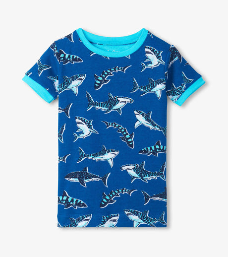 Hatley boys short sleeve shark pajama top with deep blue print and bright aqua neckline.