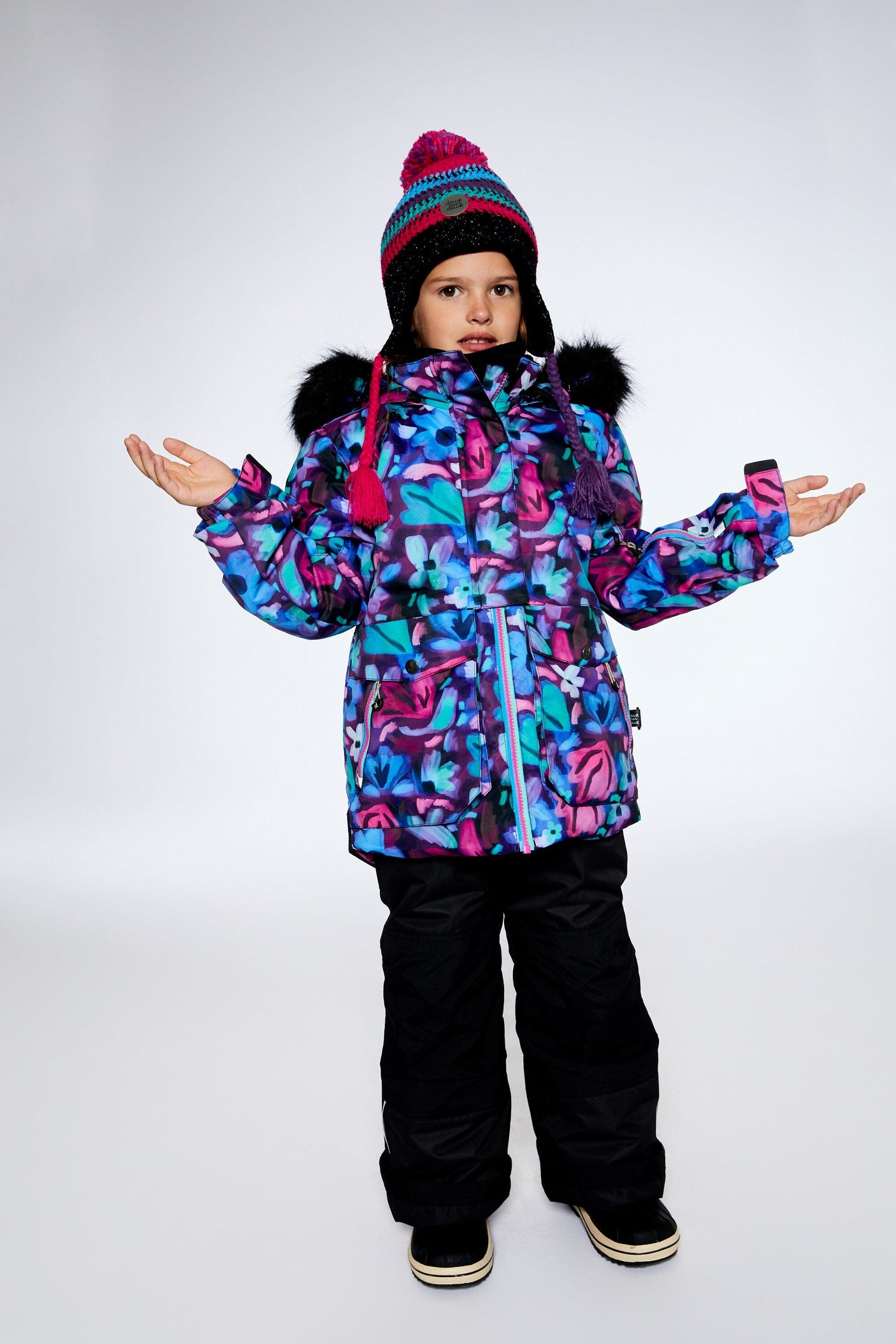 Two Piece Black Snowsuit With Abstract Flower Print-1