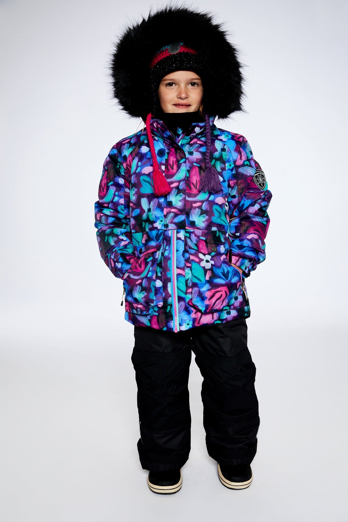 Two Piece Black Snowsuit With Abstract Flower Print-0