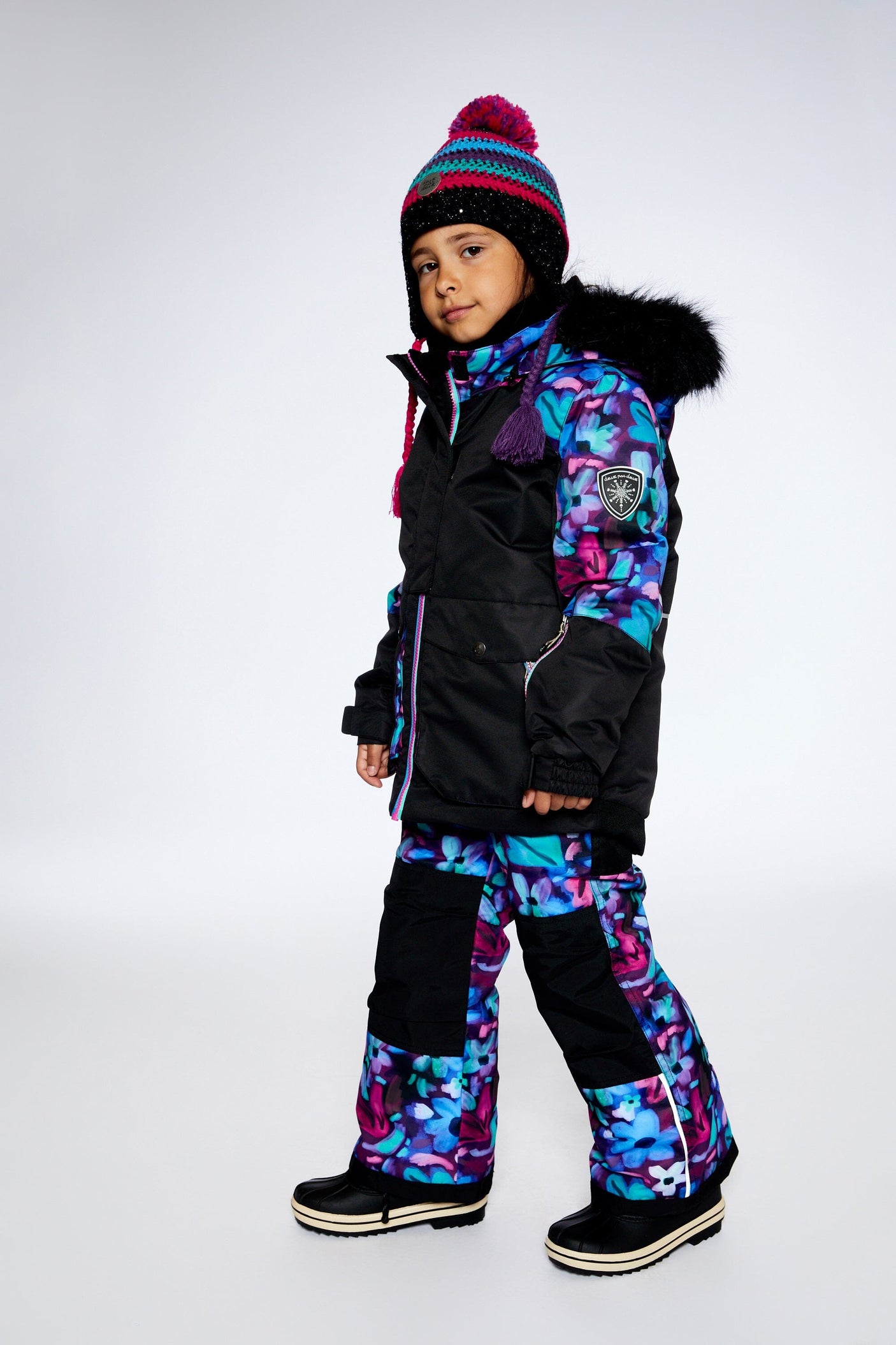 Two Piece Snowsuit In Black With Abstract Flower Print-1