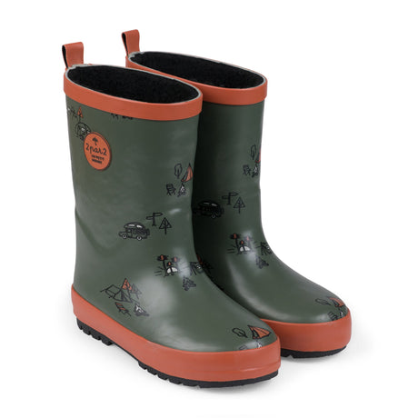 Printed Rain Boots Lined With Fine Plush Khaki Green Camping-0