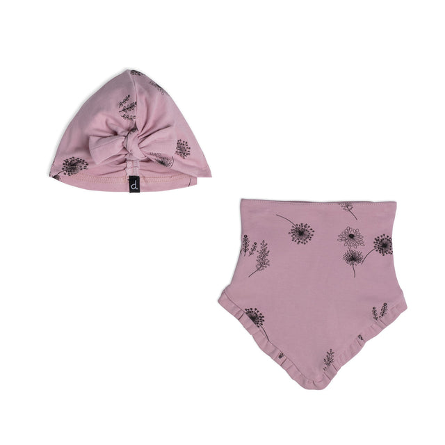 Organic Cotton Hat And Bib Set Printed Flowers Dusty Purple-0