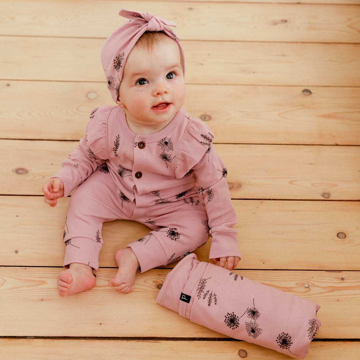 Organic Cotton Hat And Bib Set Printed Flowers Dusty Purple-1