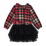 Plaid Dress With Long Sleeves And Mesh Skirt-0