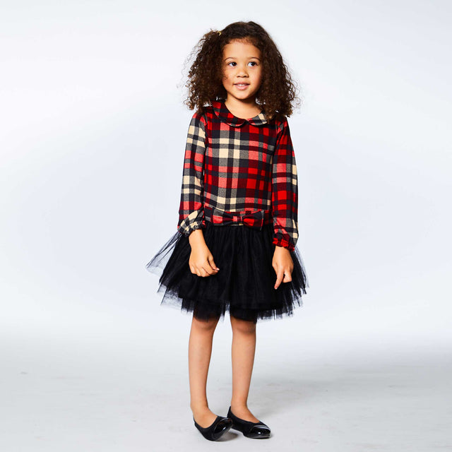 Plaid Dress With Long Sleeves And Mesh Skirt-3
