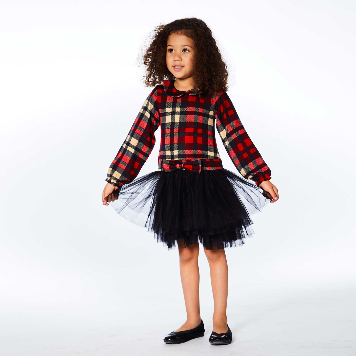 Plaid Dress With Long Sleeves And Mesh Skirt-4
