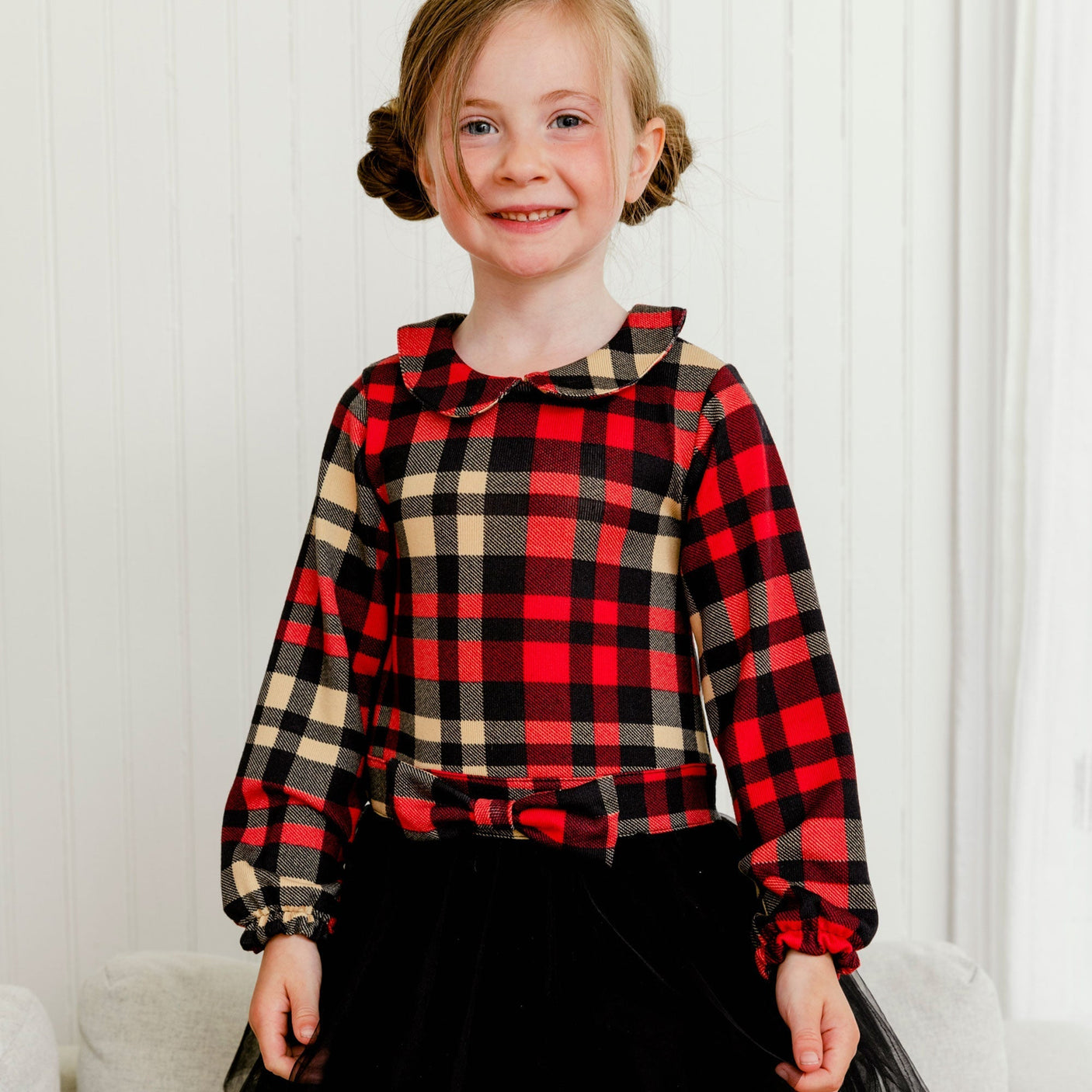 Plaid Dress With Long Sleeves And Mesh Skirt-1