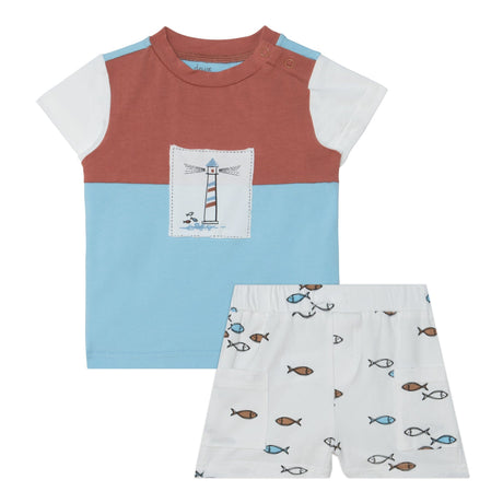 Organic Cotton Colorblocked Top & Short Set Brown & Blue With White Fish Print-0
