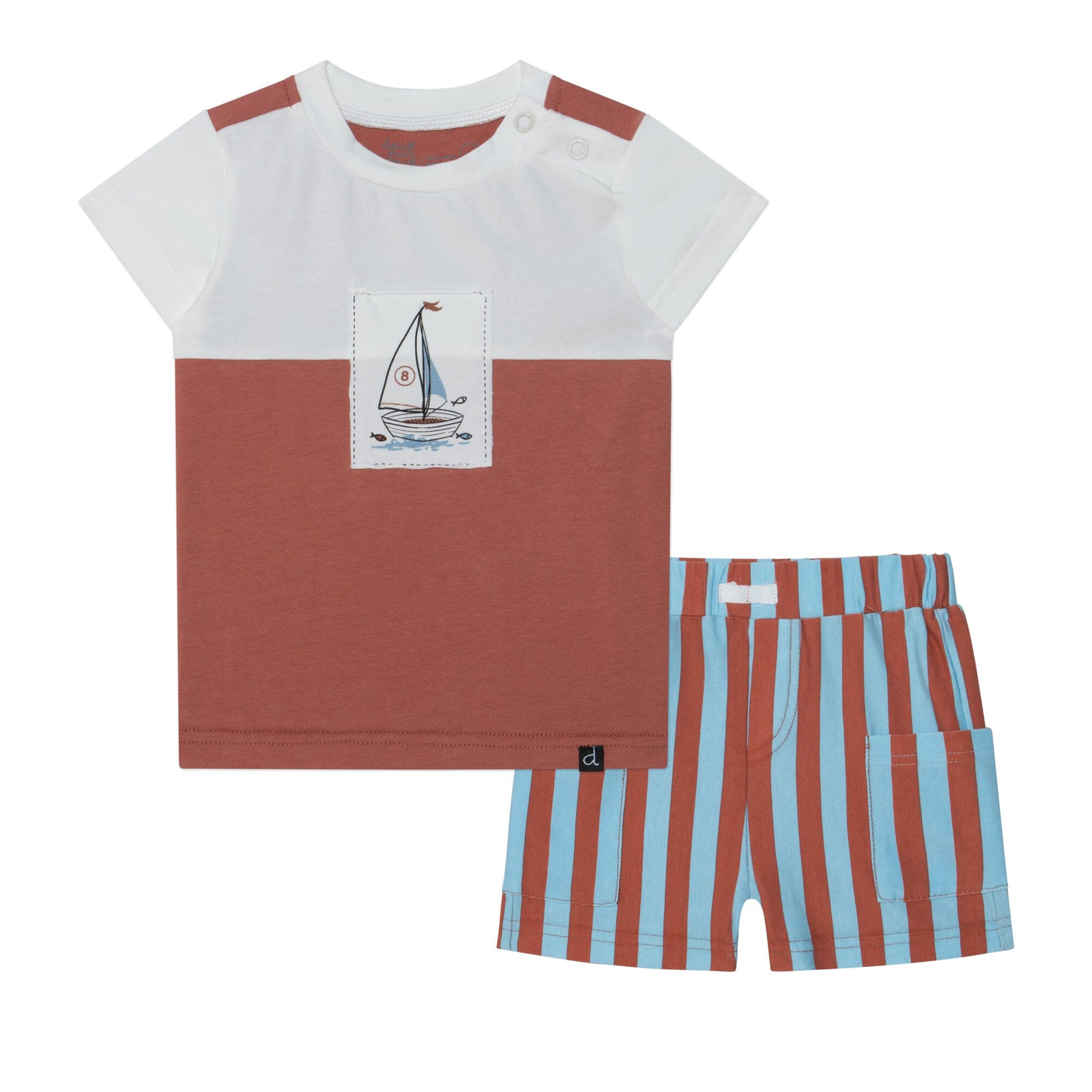 Organic Cotton Colorblocked Top & Short Set White & Brown With Stripe-0