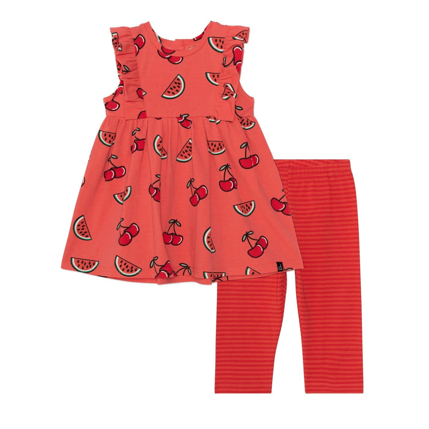 Organic Cotton Sleeveless Tunic & Capri Set Coral Cherry Print & Red Stripe-0