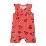 Organic Cotton Printed Sleeveless Romper With Frill Coral Cherry-0