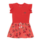 Organic Cotton Short Sleeve Dress Red Stripe & Coral Cherry Print-0