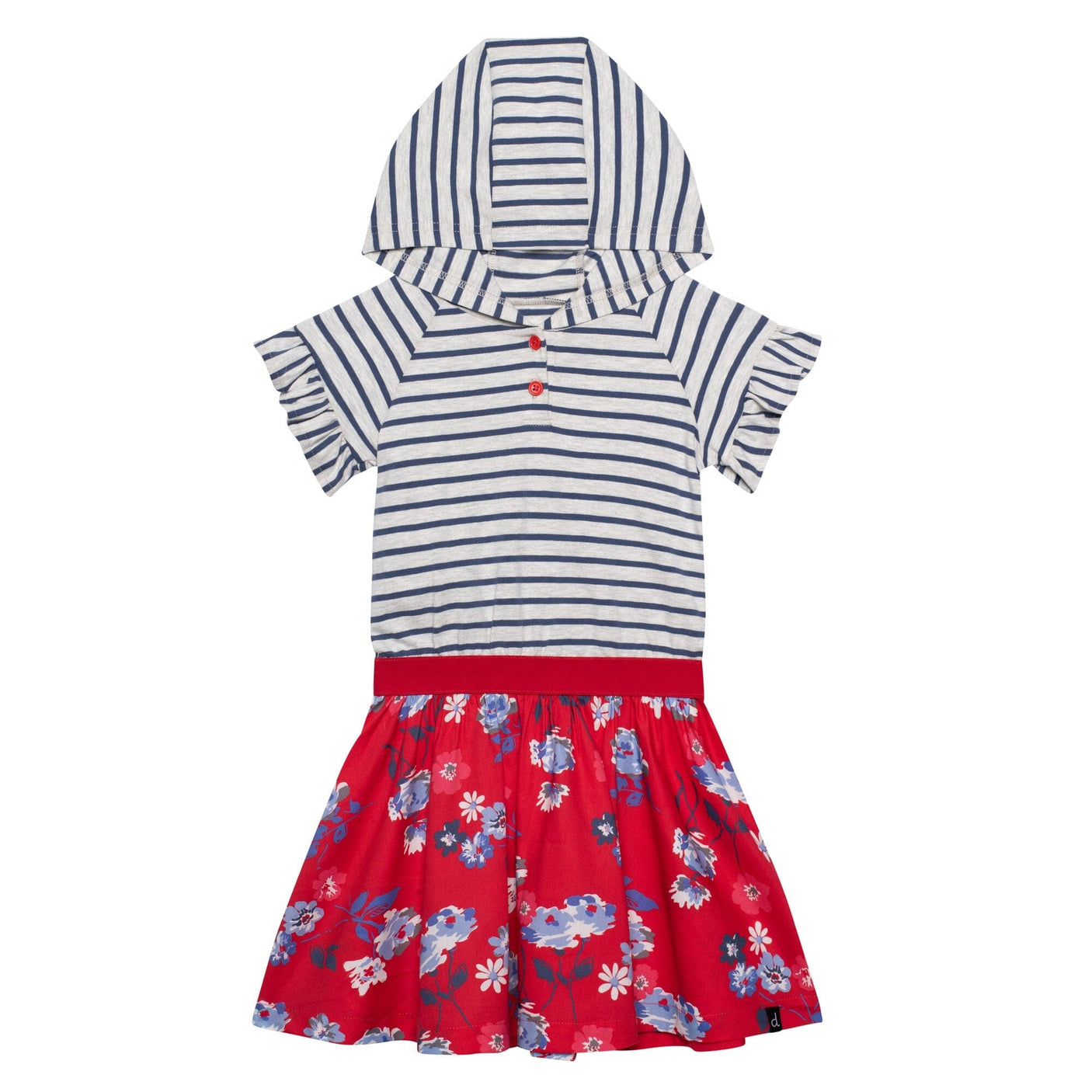 Organic Cotton Bi-Material Printed Hooded Dress Oatmeal Mix & Red Flowers-0