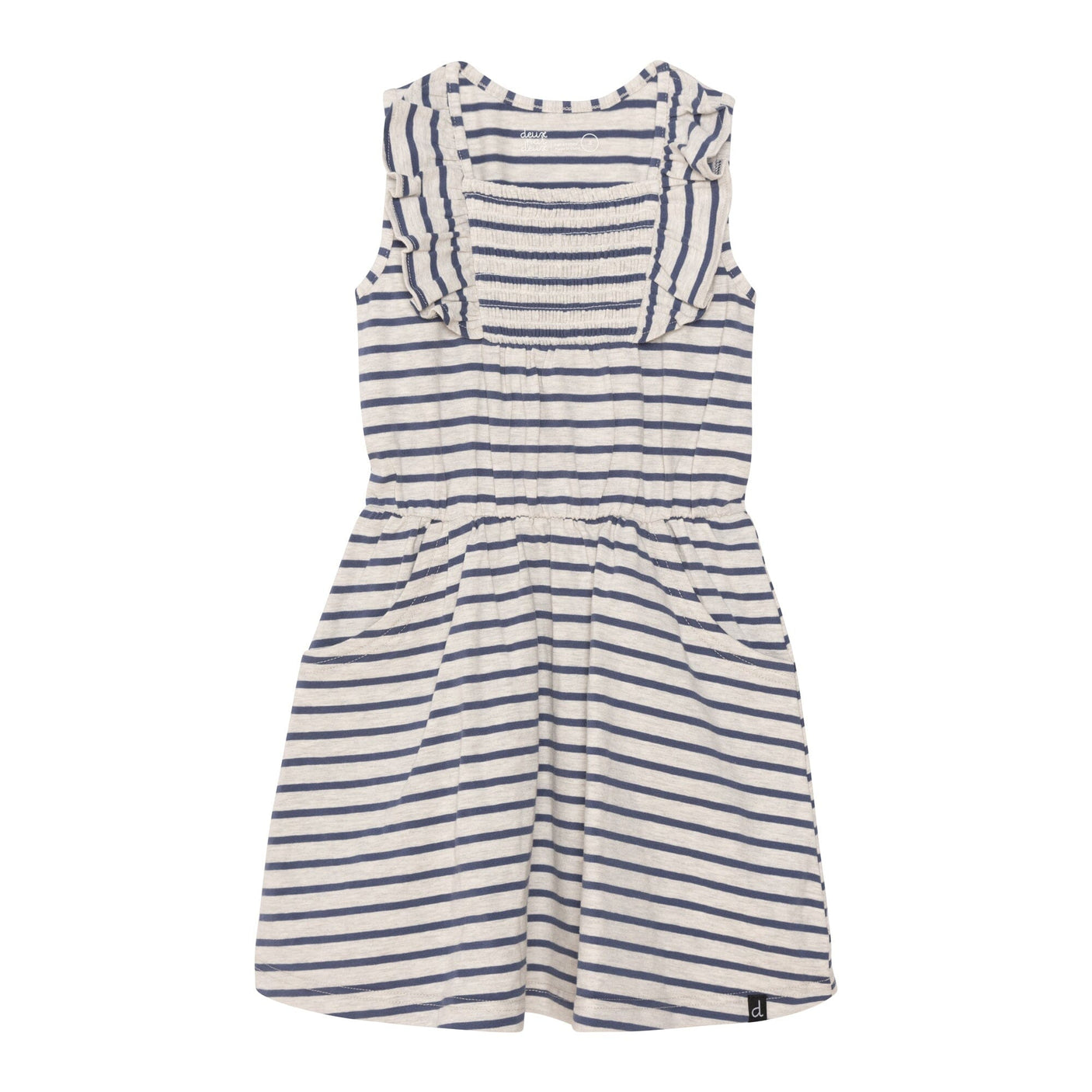 Organic Cotton Striped Sleeveless Smocked Dress Oatmeal Mix & Navy Blue-0