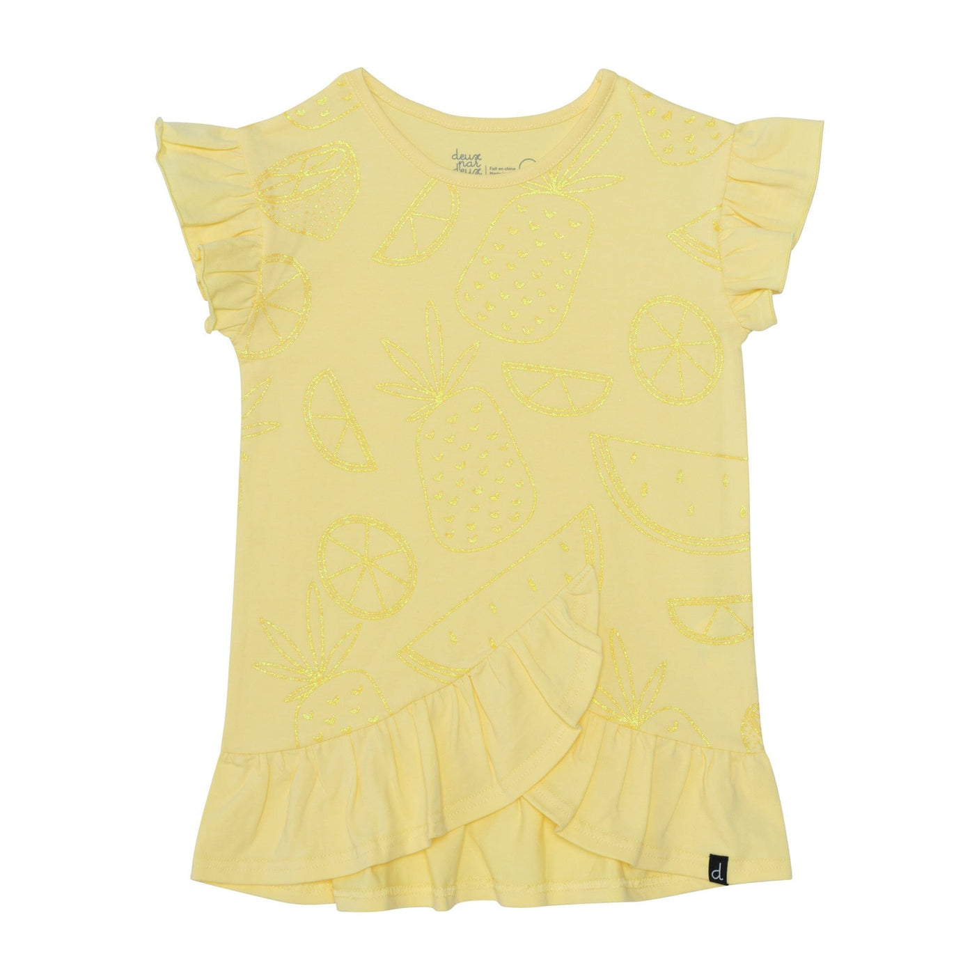 Organic Cotton Short Sleeve Glitter Graphic Tunic With Frill Yellow-0