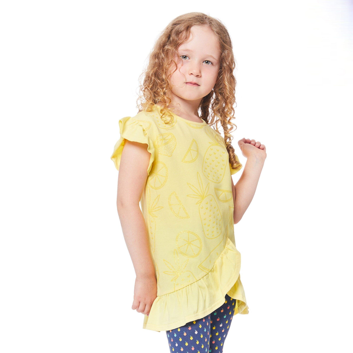 Organic Cotton Short Sleeve Glitter Graphic Tunic With Frill Yellow-1