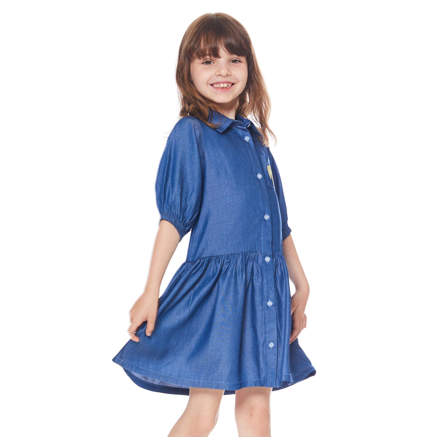 3/4 Sleeve Dress With Pocket Blue Chambray-1