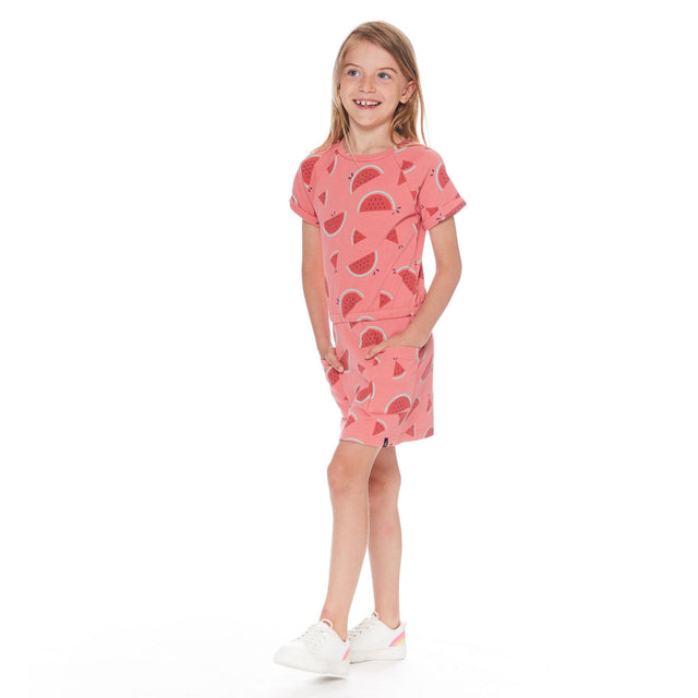 Printed French Terry Short Sleeve Raglan Dress Coral Watermelon-2
