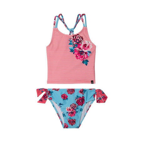 Printed Two Piece Swimsuit Pink Stripe & Blue Roses-0