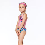 Printed Two Piece Swimsuit Pink Stripe & Blue Roses-1