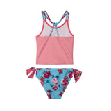 Printed Two Piece Swimsuit Pink Stripe & Blue Roses-3