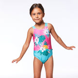 Printed One Piece Swimsuit Pink & Green Tropical Flowers-1