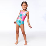 Printed One Piece Swimsuit Pink & Green Tropical Flowers-2