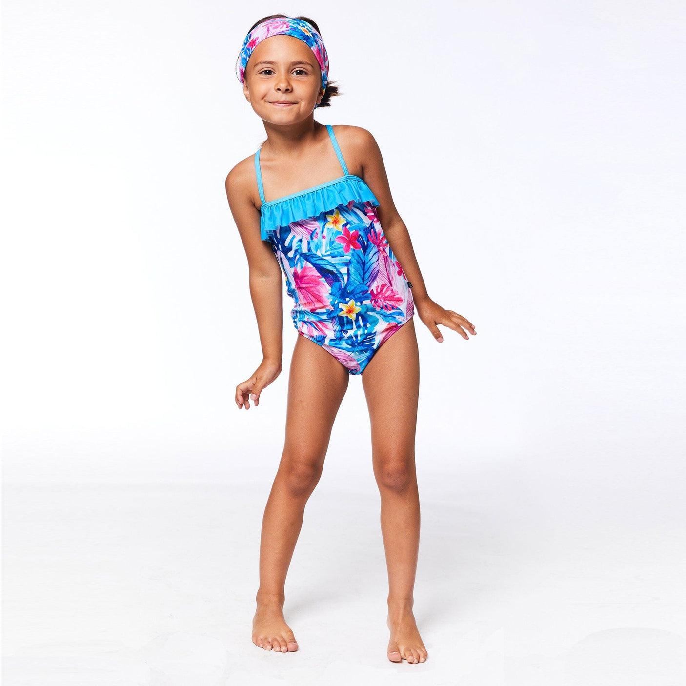 Printed One Piece Swimsuit Blue Tropical-1