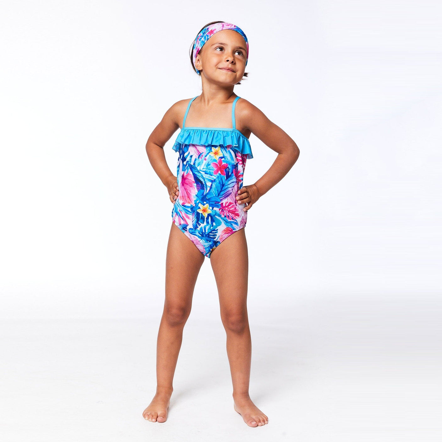 Printed One Piece Swimsuit Blue Tropical-2