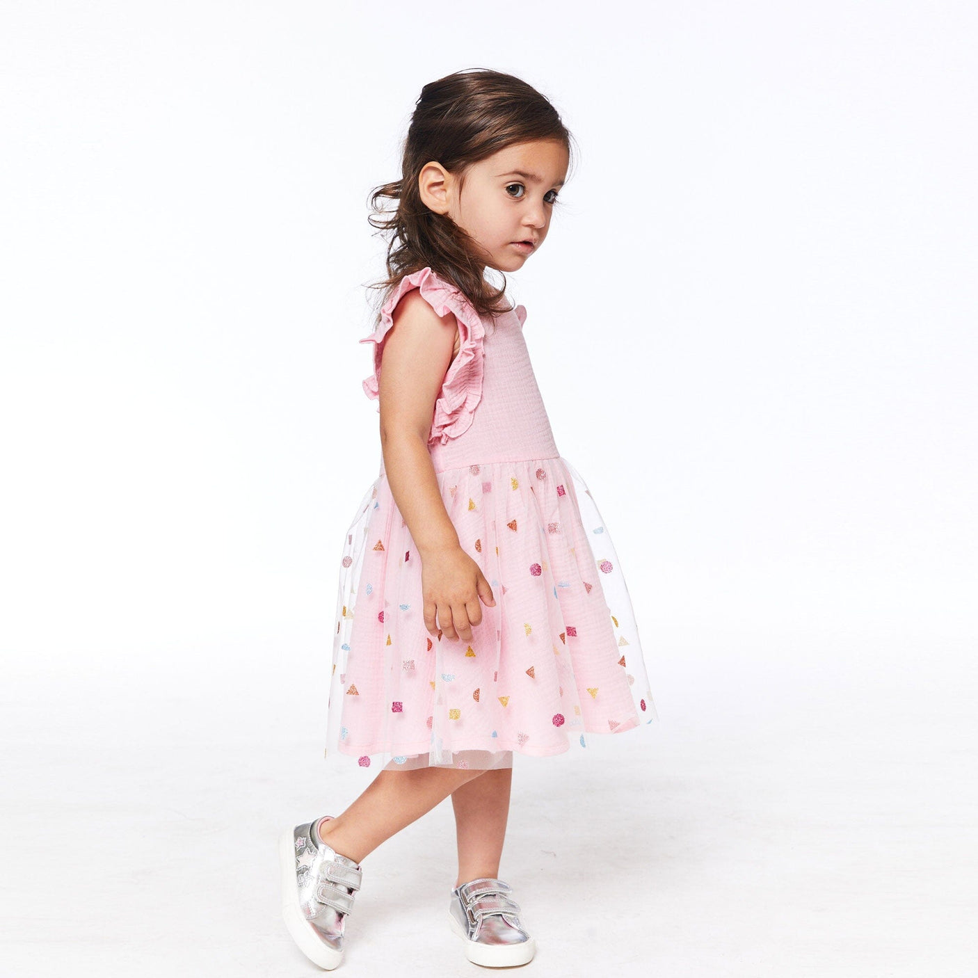 Short Sleeve Frill Dress With Tulle Print Skirt Pink-2