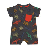Printed French Terry Romper Charcoal Grey Multicolor Dinosaurs-0
