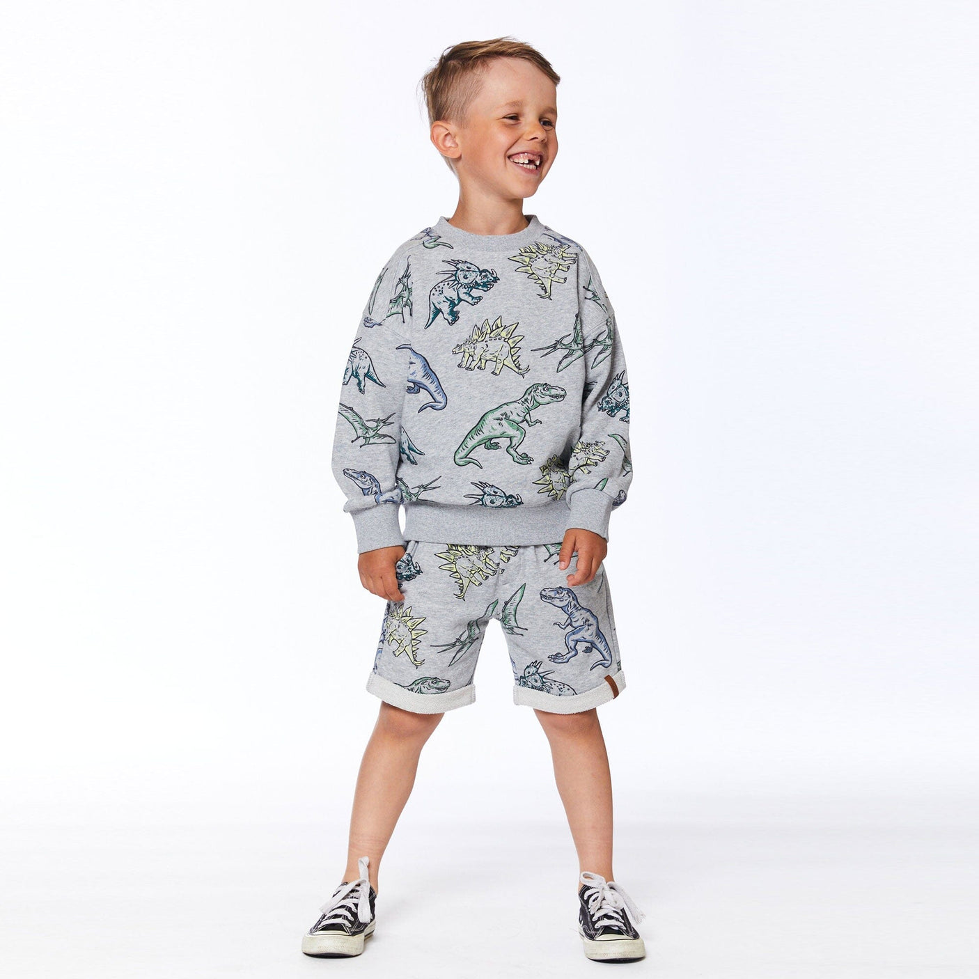 Printed French Terry Short Light Heather Grey Dinosaurs-2