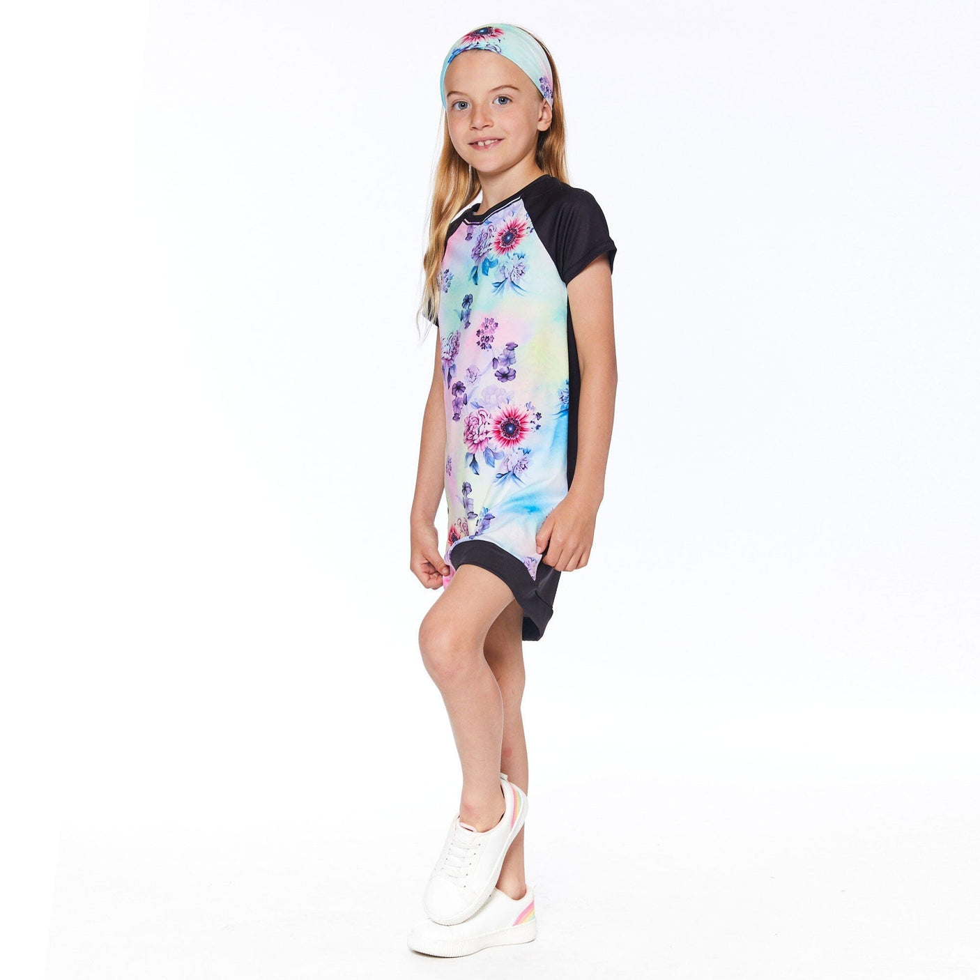 Athletic Dress Multicolor With Printed Flowers & Black-2