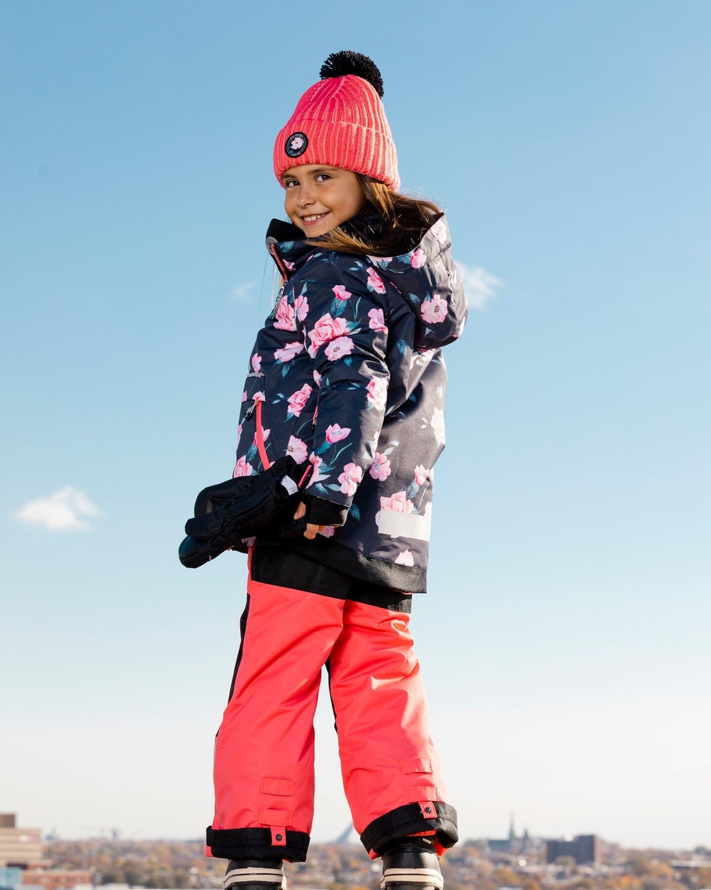 Two Piece Snowsuit Coral And Black With Rose Print-2