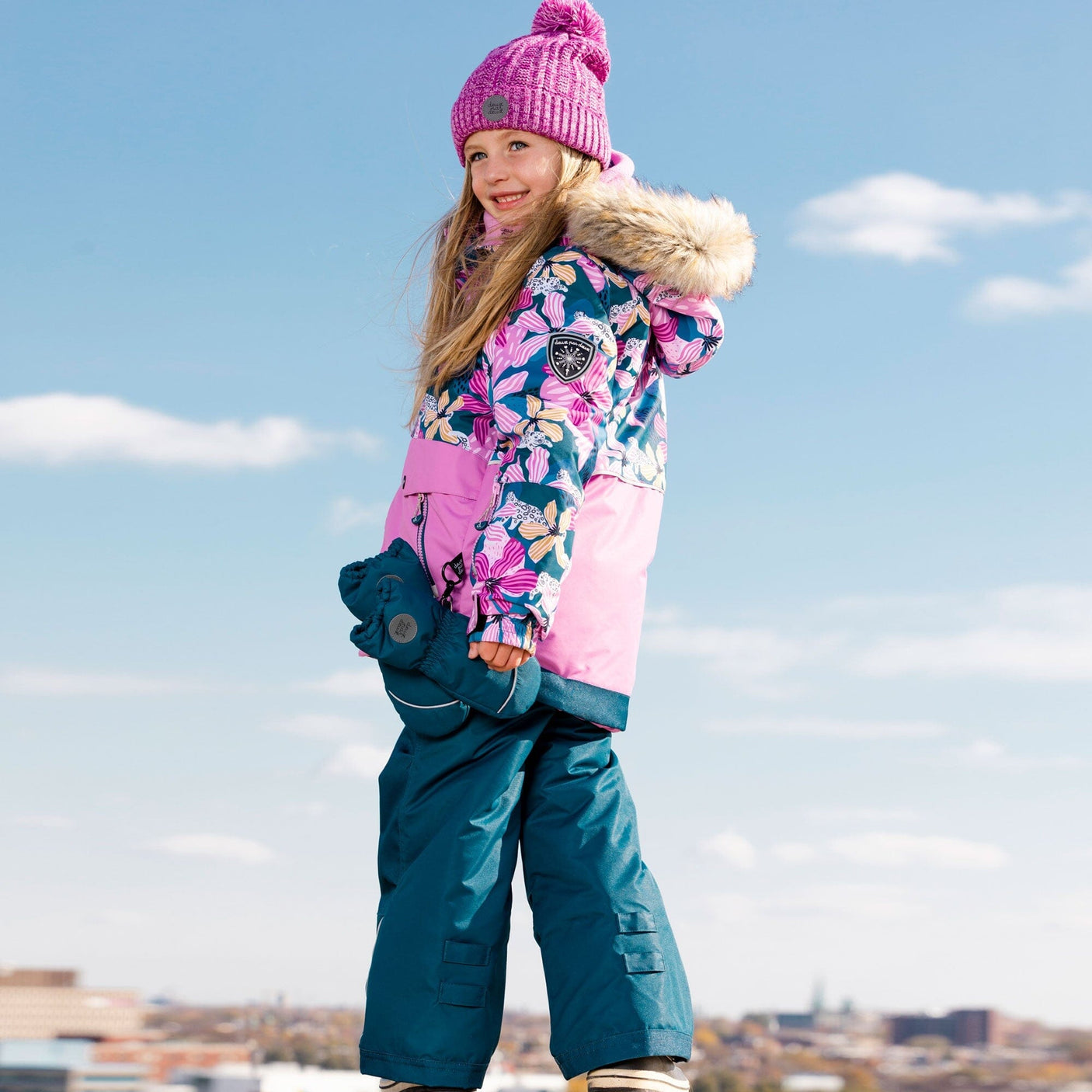 Two Piece Snowsuit Jungle Flower Print And Teal Blue-1