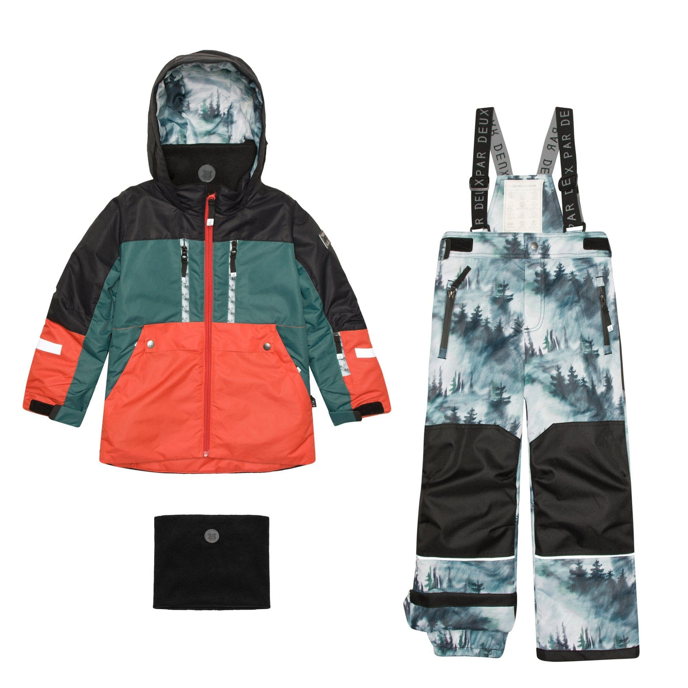 Teknik Two Piece Color Block Snowsuit Pine Green And Orange With Forest Print-0