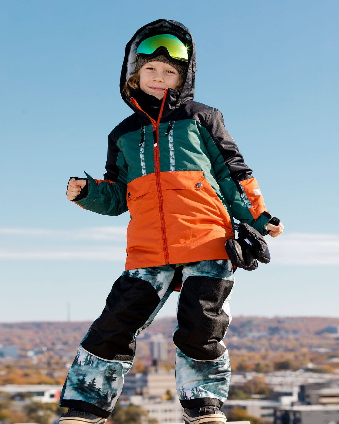 Teknik Two Piece Color Block Snowsuit Pine Green And Orange With Forest Print-2