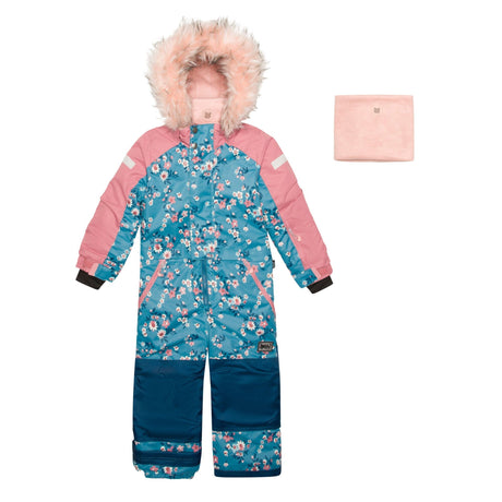 One Piece Snowsuit Teal With Spring Flower Print-0