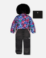 One Piece Snowsuit Black With Abstract Flower Print-0