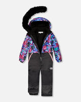 One Piece Snowsuit Black With Abstract Flower Print-2