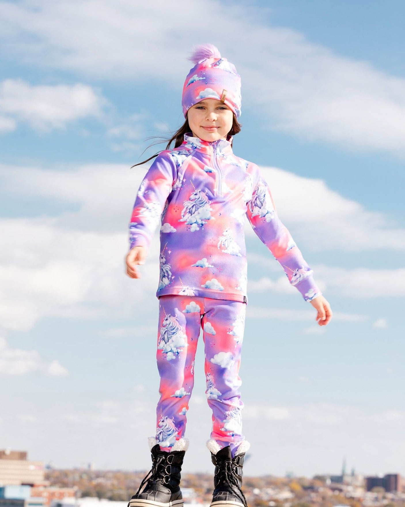 Two Piece Thermal Underwear Set Lavender With Unicorns In The Clouds Print-1